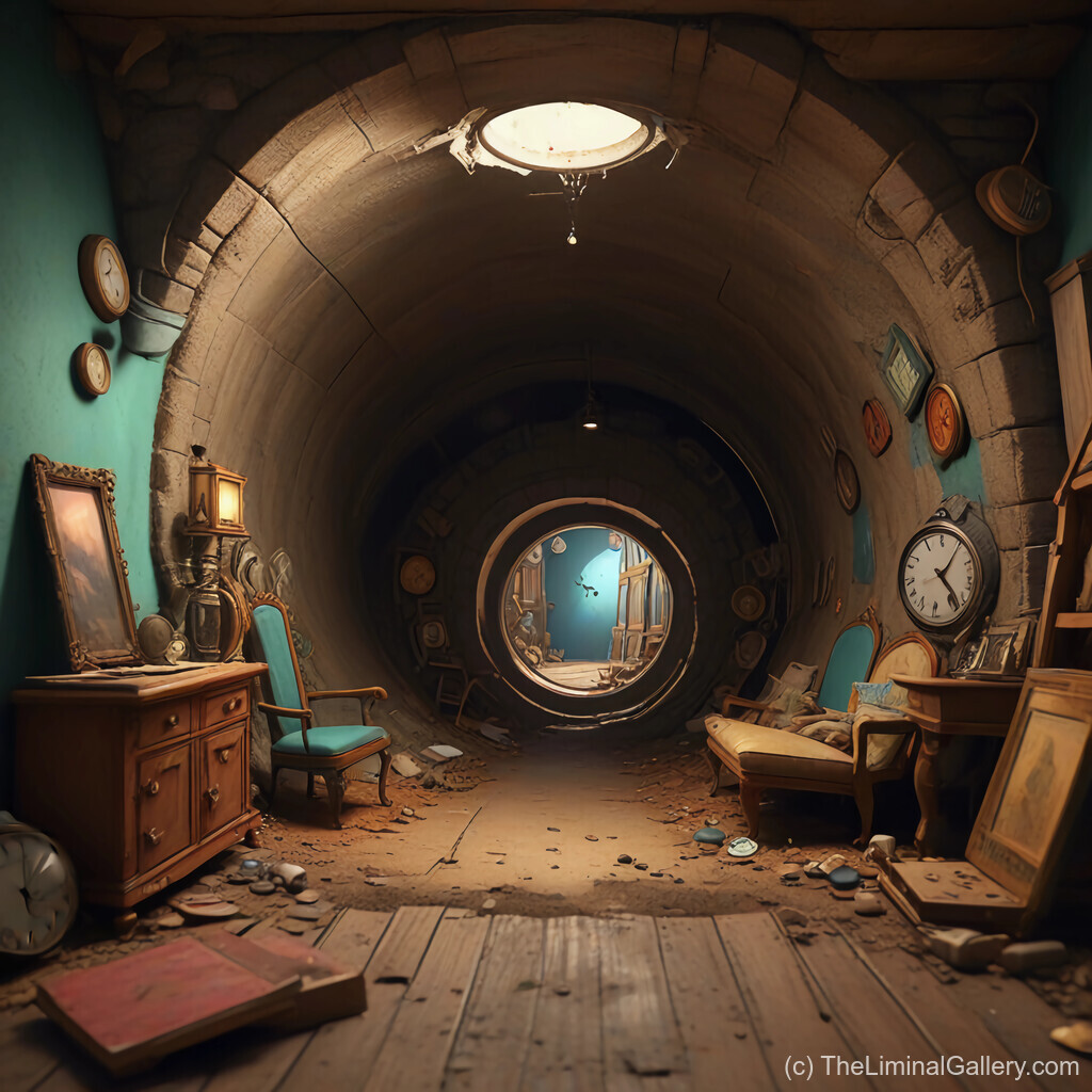 A shadowy corridor filled with mystery and whimsy, evoking the allure of undiscovered worlds and hidden passages.